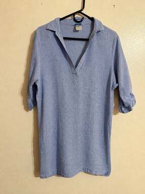 The Company Store Blue 100% Linen Tunic Shirt Large XL nautical, beach coverup